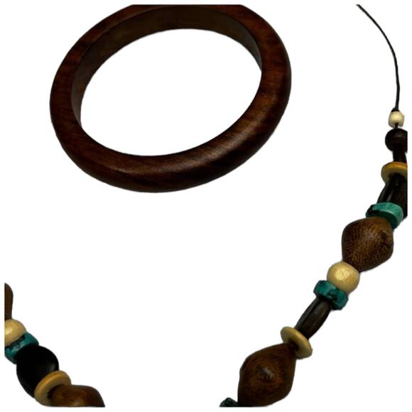 Handmade Bohemian Wood Beaded Necklace & Bangle Set Turquoise Brown Geometric - Picture 5 of 6